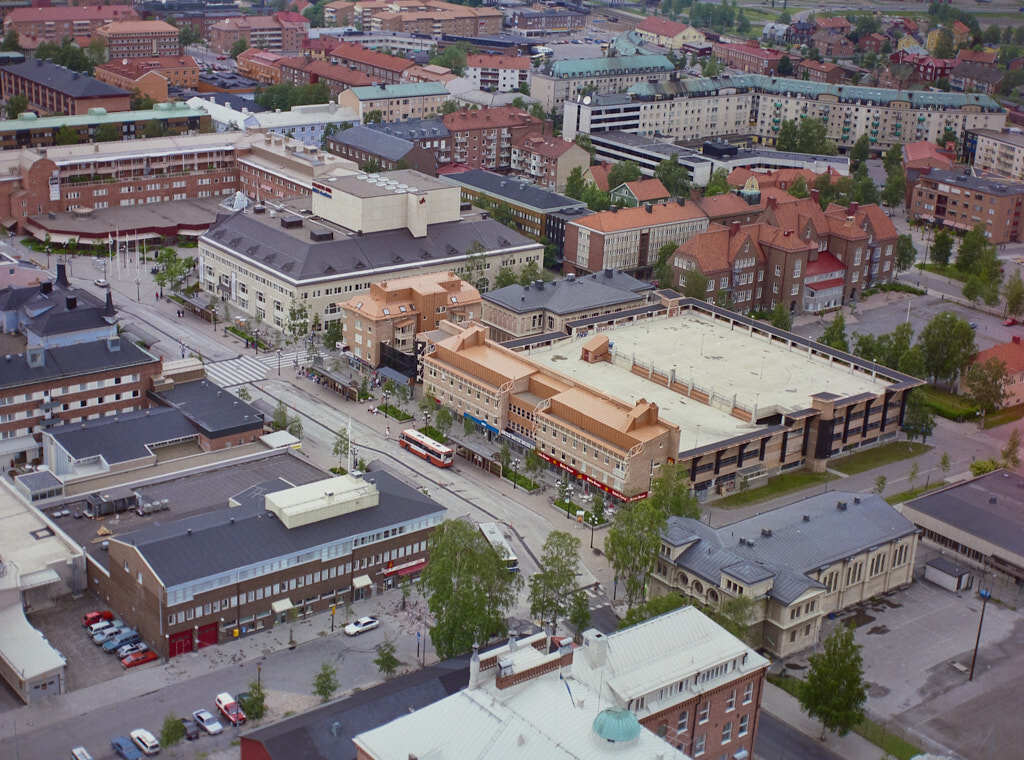 En bild från luften visar Centrala stan år 1989.