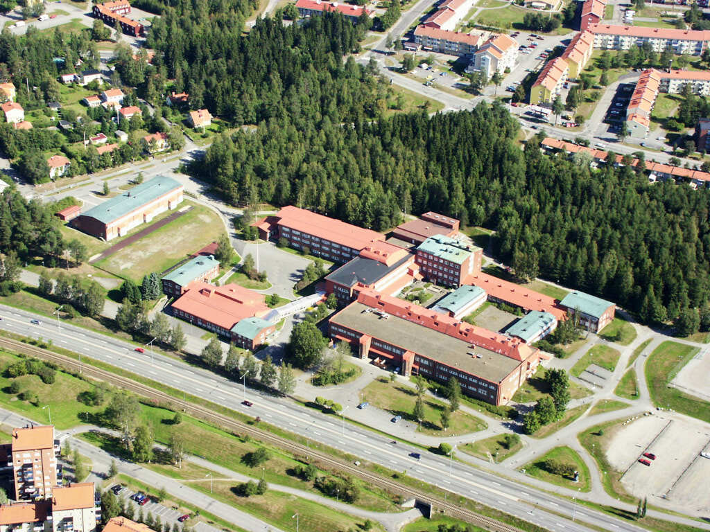 En bild från luften visar Berghem, Östra gymnasiet och Fridhem år 2002.