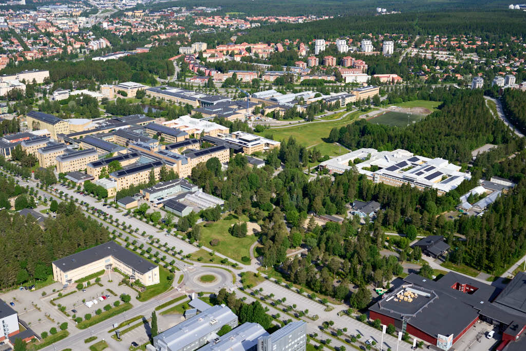 Det här är en bild som togs från ovan av Universitetsområdet och SLU i Umeå år 2025