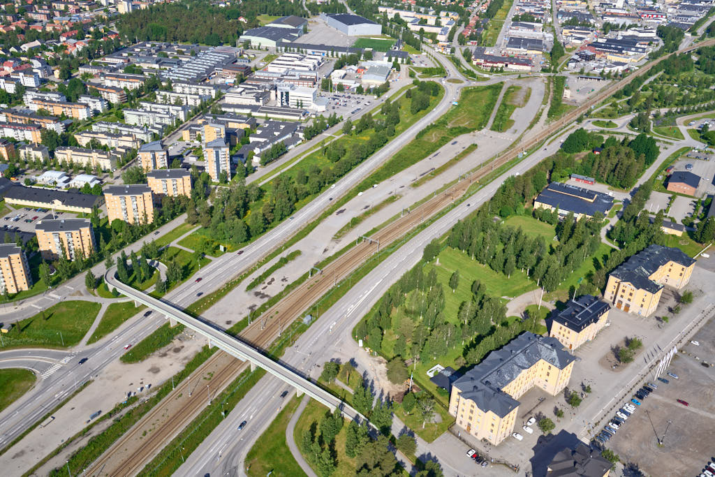 Dragonfältet och Stallbacken sett från luften år 2025.