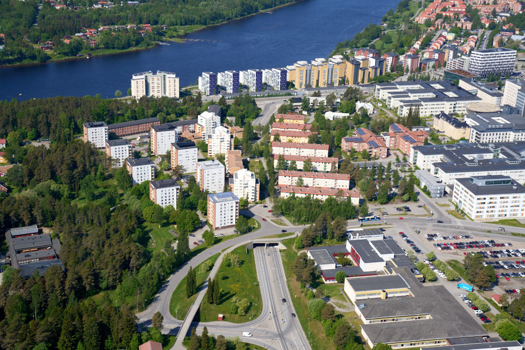 Vy över Sofiehem och Ålidbacken i Umeå 2026, med fokus på välkända landmärkena som 
